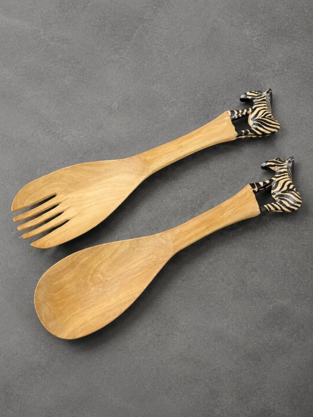 African Maasai Tribe Hand Carved Wooden Zebra Salad Servers Fork Spoon Set NEW